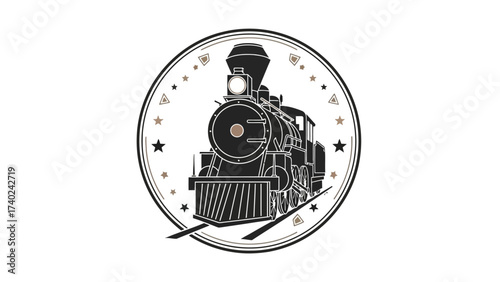 Old steam train vector logo in circle shape, classic transportation of the 1800s