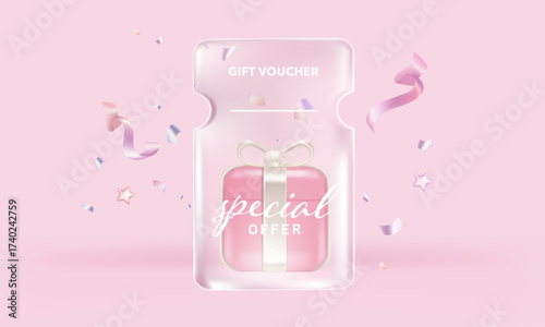 3D Christmas gift voucher coupon banner for Discount online shopping with gift box, Glitter flying decorations background. Vector Premium.