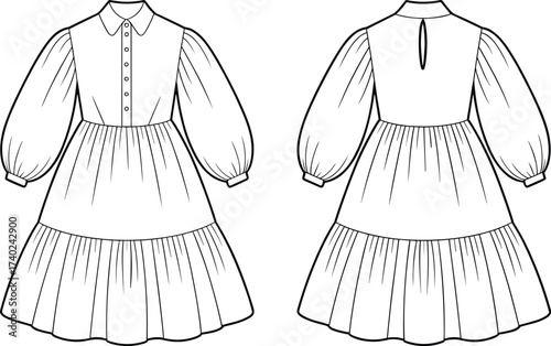Fashion dress technical illustration, front and back view, garment design sketch, shirt collar dress, puff sleeve style, tiered skirt clothing artwork