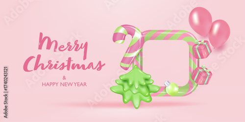 3D Christmas background banner for Discount online shopping with gift box, Candy cane decorations background. Vector Premium.
