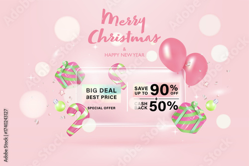 Christmas gift voucher coupon banner for Discount online shopping with gift box, Candy cane decorations background. Vector Premium.