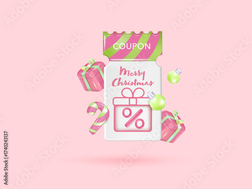 3D Christmas gift voucher coupon banner for Discount online shopping with gift box, Candy cane decorations background. Vector Premium.