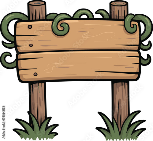 Wooden signboard illustration with vines, rustic blank board drawing, cartoon wood signage design, outdoor nature marker artwork, decorative guidepost, vintage wooden direction sign