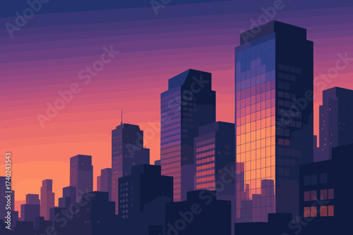 Glowing skyline under evening city dusk gradient reflections reflection windows vector illustration