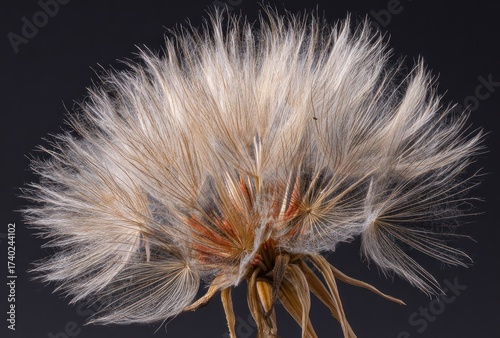 Close-up view of a seed head with delicate, feathery structures against a dark backdrop