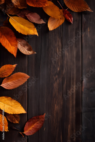 Autumn leaves frame a dark wooden surface, showcasing a warm, seasonal aesthetic with vibrant hues and natural textures.