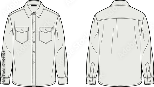 Button up shirt sketch, fashion design template, technical drawing, apparel illustration, long sleeve shirt, front and back view, garment outline, clothing vector