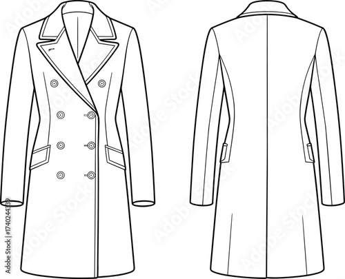 Double breasted coat sketch, women’s fashion template, technical drawing, apparel illustration, front and back view, garment outline, clothing vector, tailored outerwear, stylish design