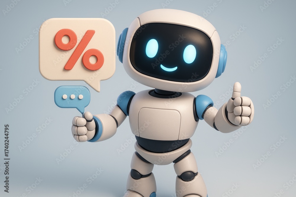 Fototapeta premium Robot is smiling and giving a thumbs up while holding a sign that says 