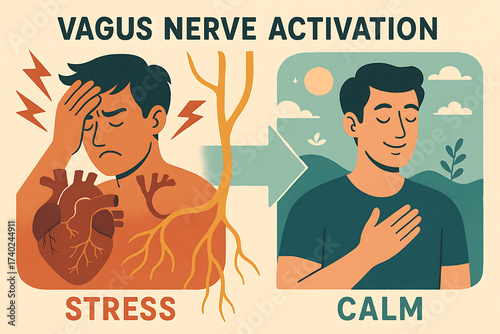 Educational infographic of vagus nerve activation showing stressed man and calm man highlighting relaxation and nervous system balance