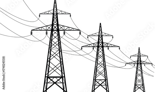 High voltage electricity pylons, power transmission towers, energy infrastructure, industrial landscape, electrical grid system, utility lines, renewable energy distribution network