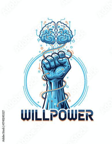 Illustration of a strong fist connected to a digital brain, symbolizing willpower, mental strength, motivation, determination, and resilience. Perfect for psychology, self-growth, and success concepts