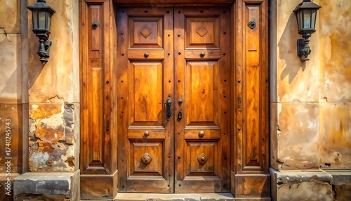 Elegant and rustic wooden door with stone wall and antique lamps in sunlight