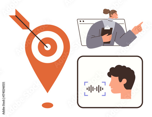 Orange location pin with arrow hitting center, professional pointing woman, male voice scan. Ideal for communication, teamwork, navigation, leadership, strategy, voice technology digital innovation