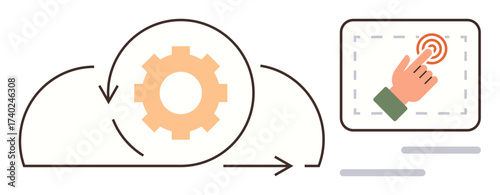 Gear inside cloud with arrows indicating automation cycle, hand clicking touchscreen interface. Ideal for software integration, cloud computing, automation, data processing, UI interaction
