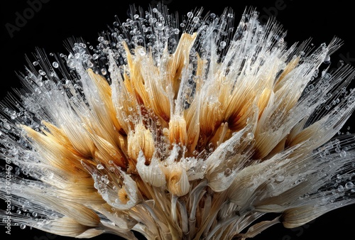 A detailed close-up shows a burst of tan flower petals exploding with droplets against black