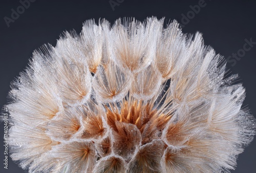 Close-up of a fluffy seed head with intricate details against a dark background