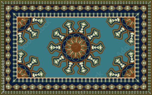 Geometric rug pattern with traditional leaf motifs.