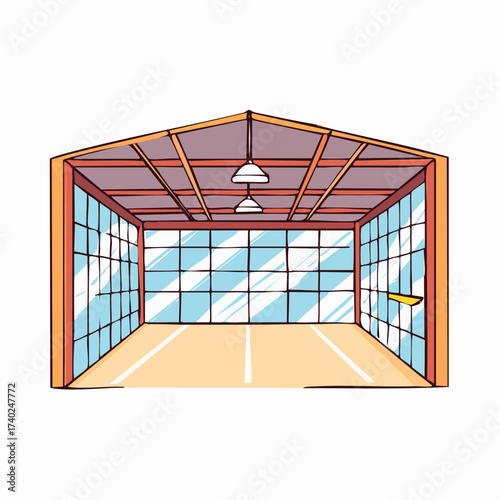 Vast warehouse interior with window light and two simple hanging lamps