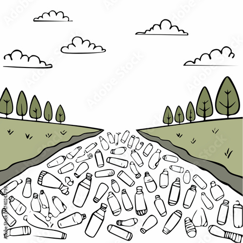 River consists of discarded plastic bottles between green banks and trees