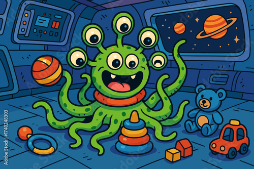 Vector playtime pet inside tentacles spaceship toys illustration happily eyes alien