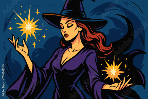 Tall witch from illustration magical her vector elegant hands wearing conjuring