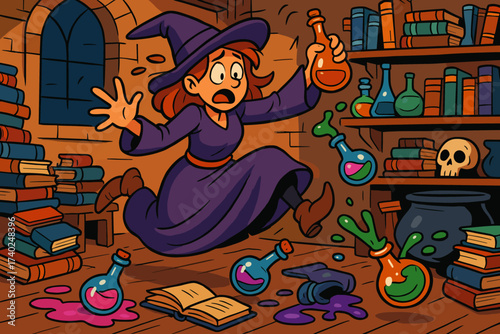 Magical clumsy vector messy illustration spilling potion workshop witch books spell chaos