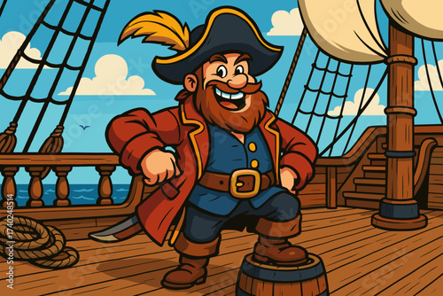 Vector wide captain standing deck cheerful illustration pirate proudly hat
