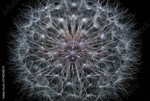 Close-up view of a dandelion seed head against a stark black background, showing intricate detail