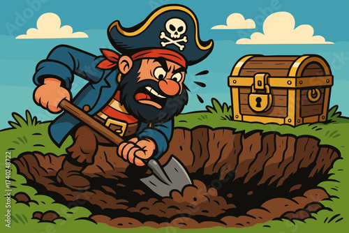 Digging big illustration buried shovel tiny hole comical vector adventure his pirate