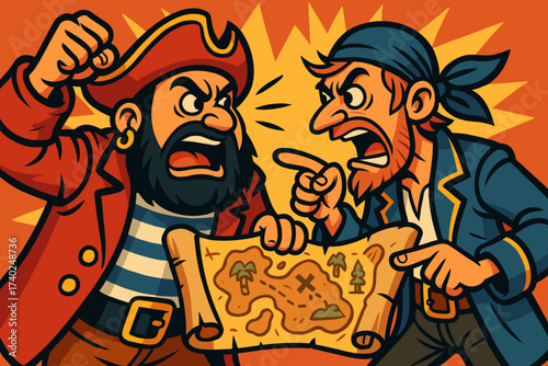 Loudly pirate arguing dispute duo treasure vector over gestures faces illustration exaggerated