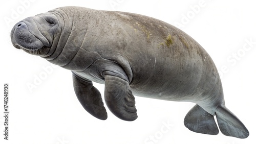 Manatee with rounded body, paddle-shaped flippers, and wrinkled gray skin, floating gracefully on a clean white studio background, realistic aquatic mammal wildlife portrait, sharp focus