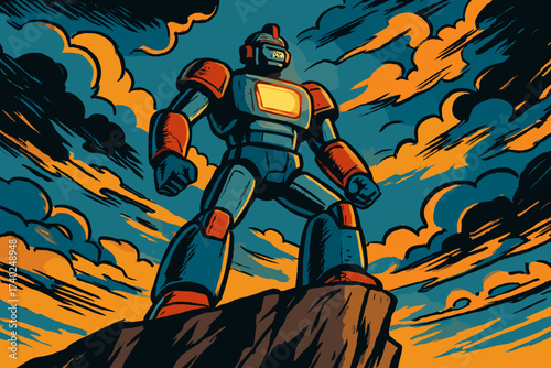Cliff vector illustration dramatic behind chest tall cliffside heroic robot standing glowing