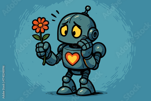 Flower shy offering panel robot illustration gesture glowing vector chest heart