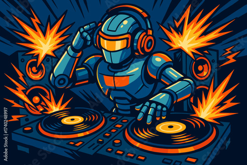 Spinning futuristic illustration robot dj sparks shooting vector while records glowing