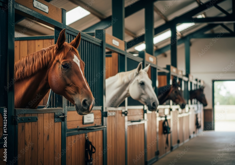 Fototapeta premium Horses standing in their stalls inside a barn with their heads sticking out looking around