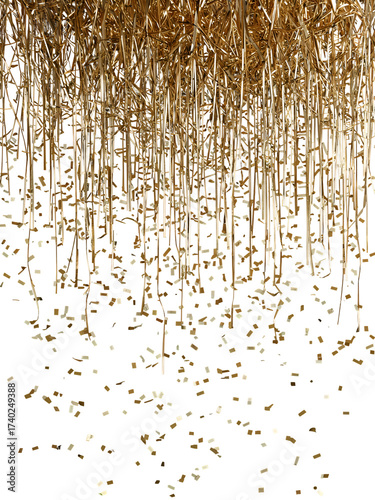 Falling gold metallic streamers and confetti on black isolated on a transparent background
