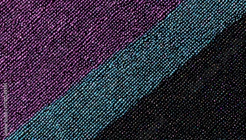 Diagonal bands of textured glitter in purple, teal, and black