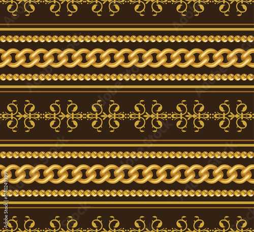 Seamless pattern of gold chains and gold pearl necklaces combined with damask pattern.
