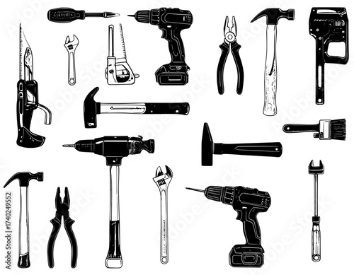 set of tools builder hand drawn white background 