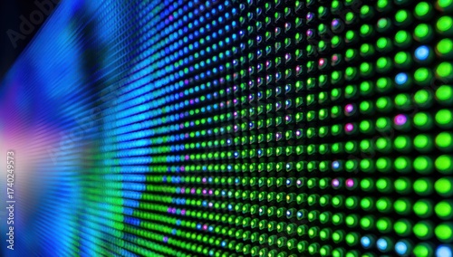 Close-up of a vibrant, illuminated LED screen with diverse color points in a grid