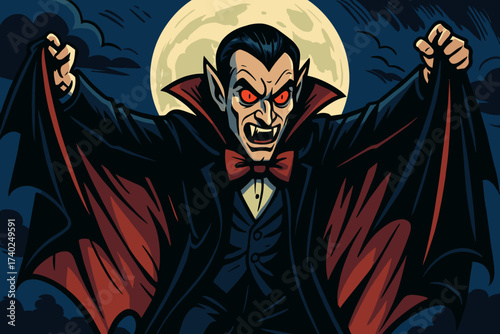 Moon dramatic illustration eyes under sinister red glowing full vampire dramatically vector