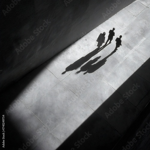 Overhead view of three people walking on concrete, casting long dramatic shadows in high-contrast urban black and white