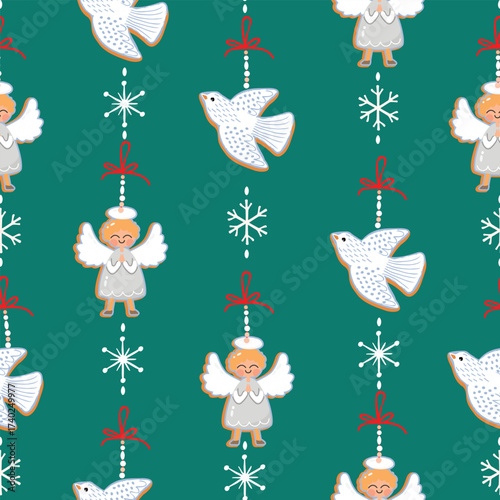 Christmas seamless pattern with decorative angel, dove, bow, snowflakes. Cartoon objects on green background. Festive print on fabric and paper. Vector design for textile, endless wallpaper, cover