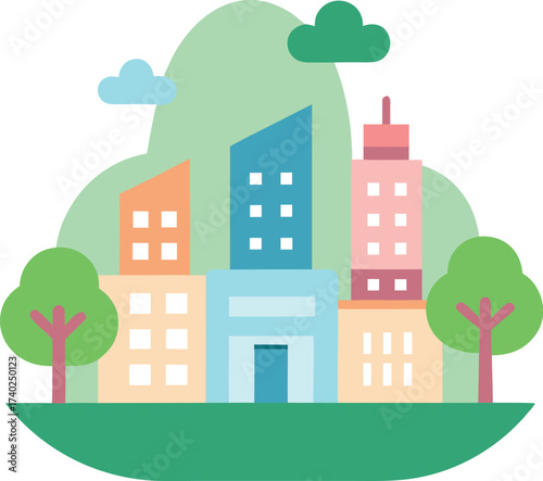 Cute Cartoon Eco City Vector Buildings with Rooftop Illustration on Transparent Background