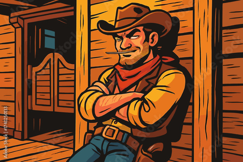 Tough toothpick smirk leaning confident vector illustration wall against cowboy