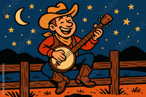 Banjo vector cheerful cowboy post fence serenade stars illustration sitting while
