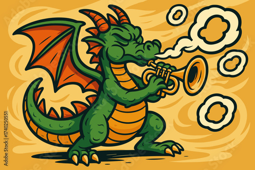 Vector rings illustration serenade playing rhythm out trumpet musician puffing dragon
