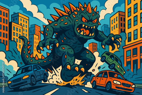 Rampage street monster around through scattering cars massive vector illustration spiky
