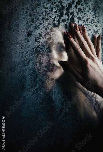 Horror scene: blurry reflection of the ghost girl in old dirty mirror